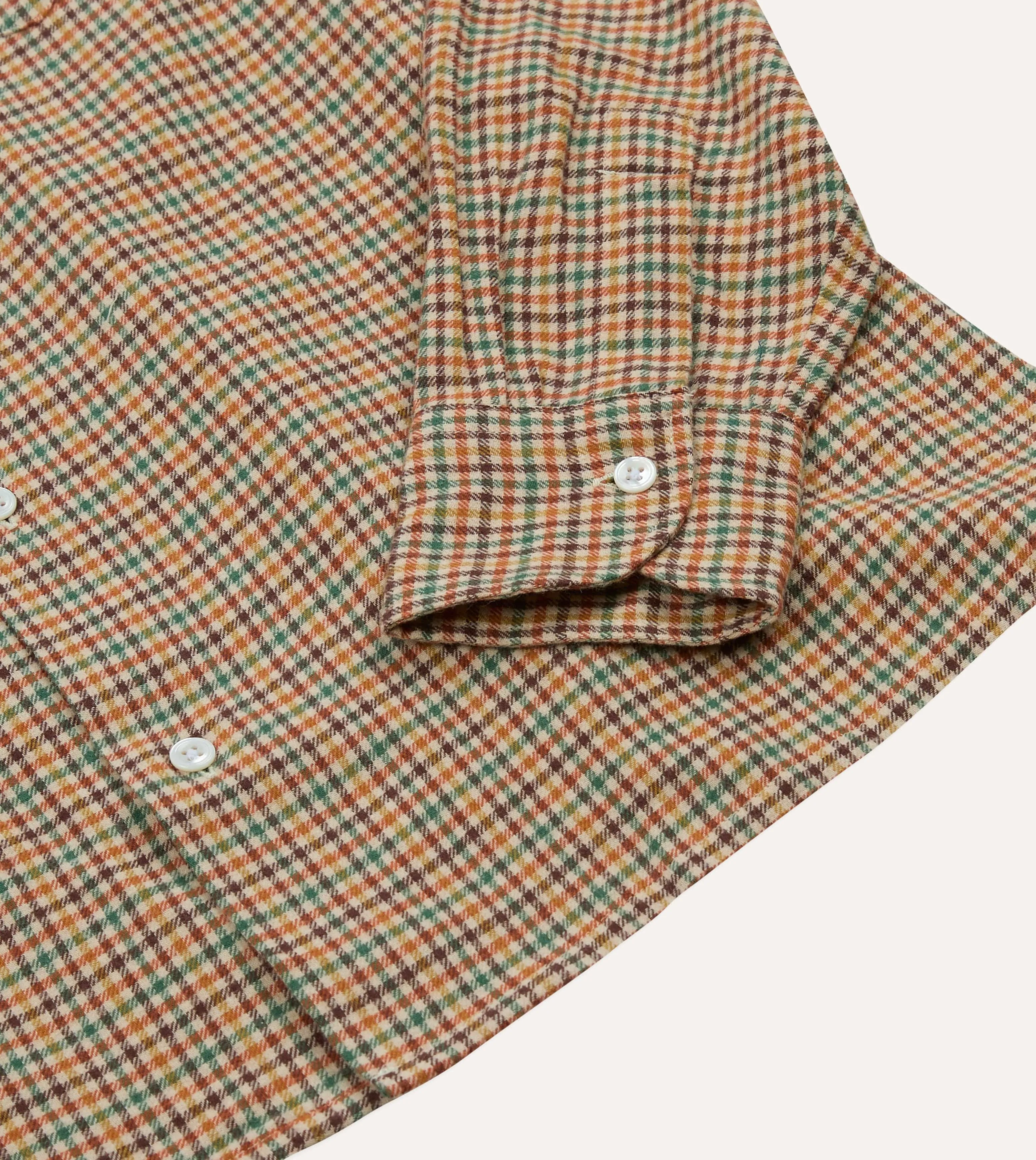 Brown and Green Check Brushed Cotton Twill Camp Collar Long Sleeve Shirt sold by Drake's London product image thumbnail 5