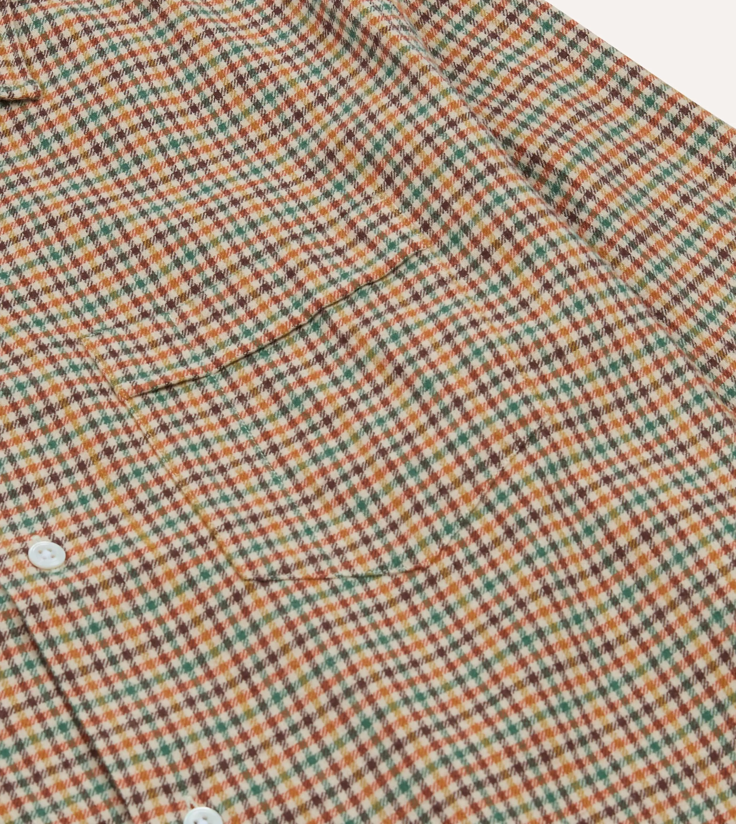 Brown and Green Check Brushed Cotton Twill Camp Collar Long Sleeve Shirt sold by Drake's London product image thumbnail 4