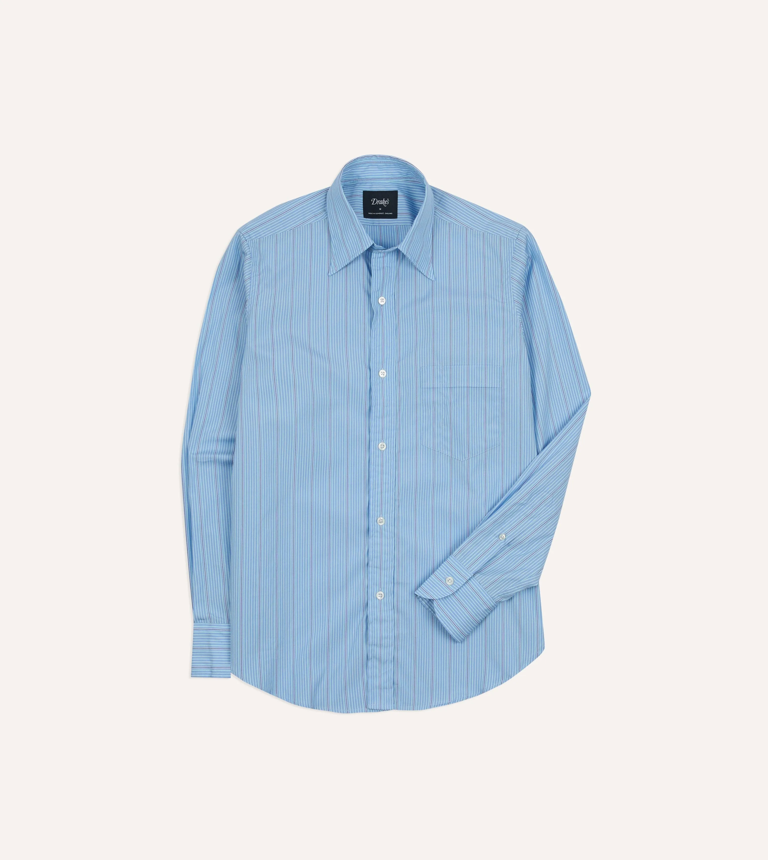 Blue Stripe Cotton Poplin Long Point Collar Shirt sold by Drake's London