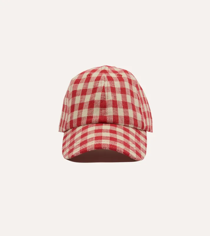 Red Gingham Check Linen Baseball Cap sold by Drake's London