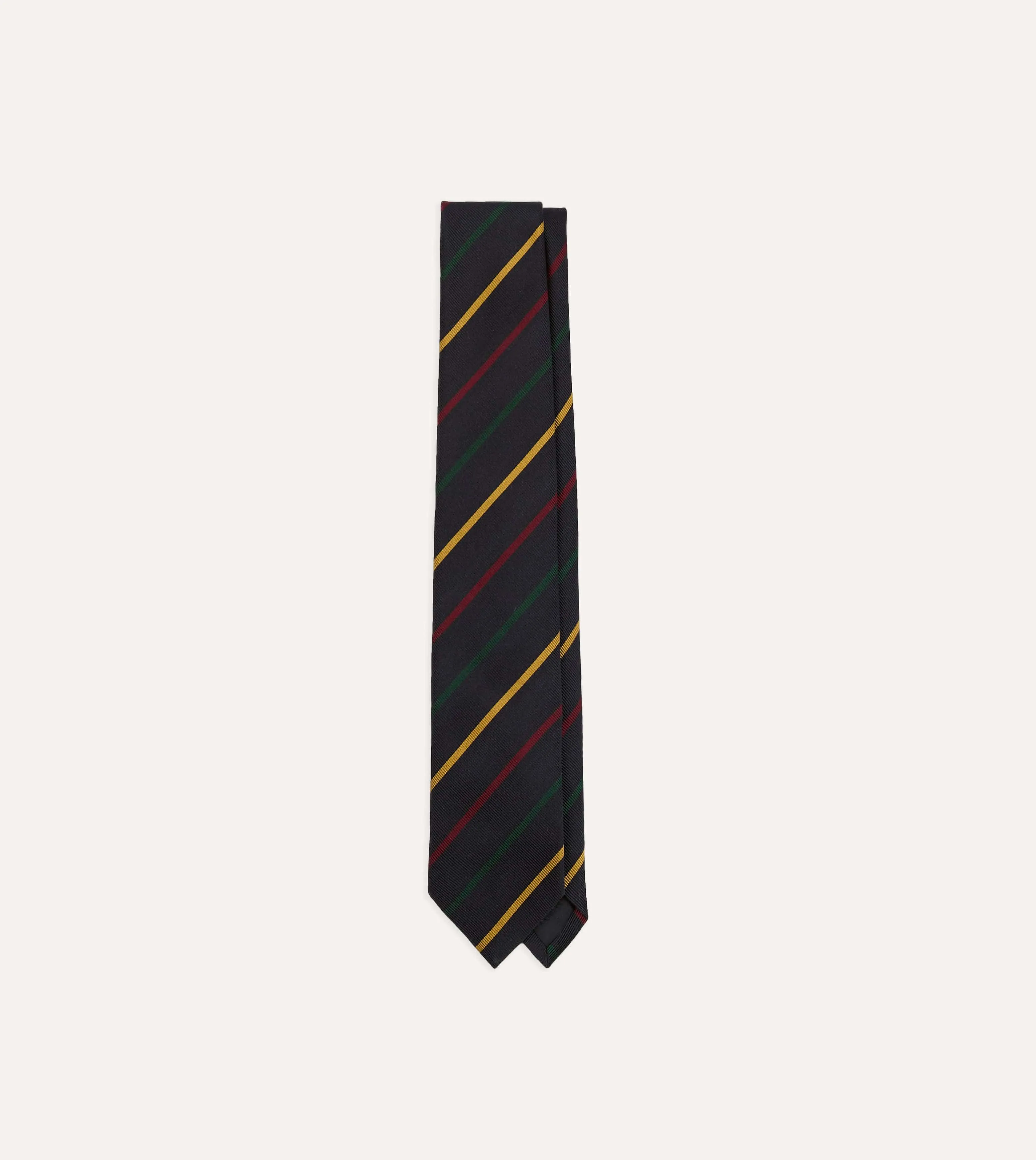 Navy, Green, Red and Yellow Stripe Repp Silk Tipped Tie sold by Drake's London