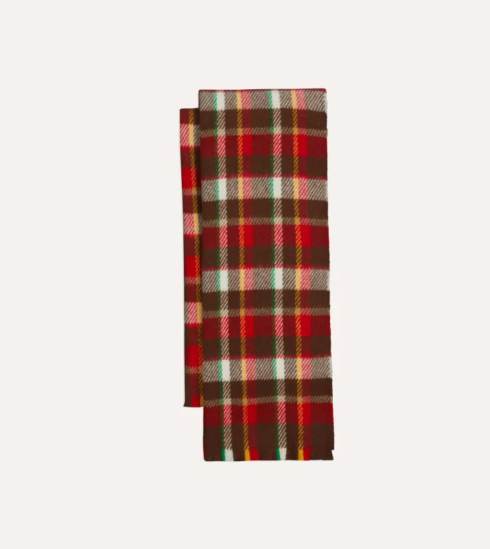 Red, Brown and Ecru Tartan Check Wool Scarf sold by Drake's London