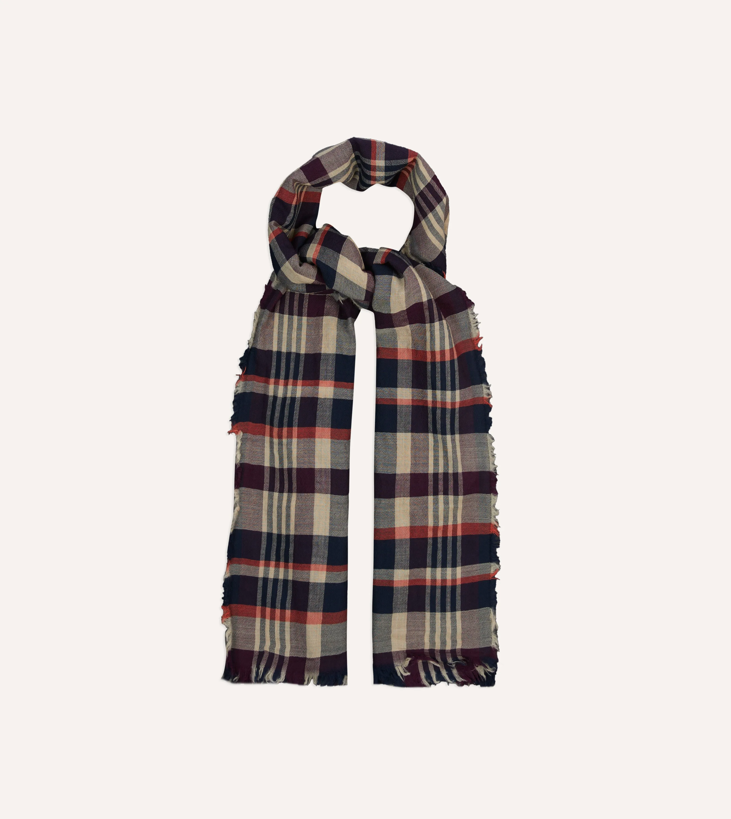Navy, Red and Ecru Tartan Check Worsted Wool Scarf sold by Drake's London product image thumbnail 4