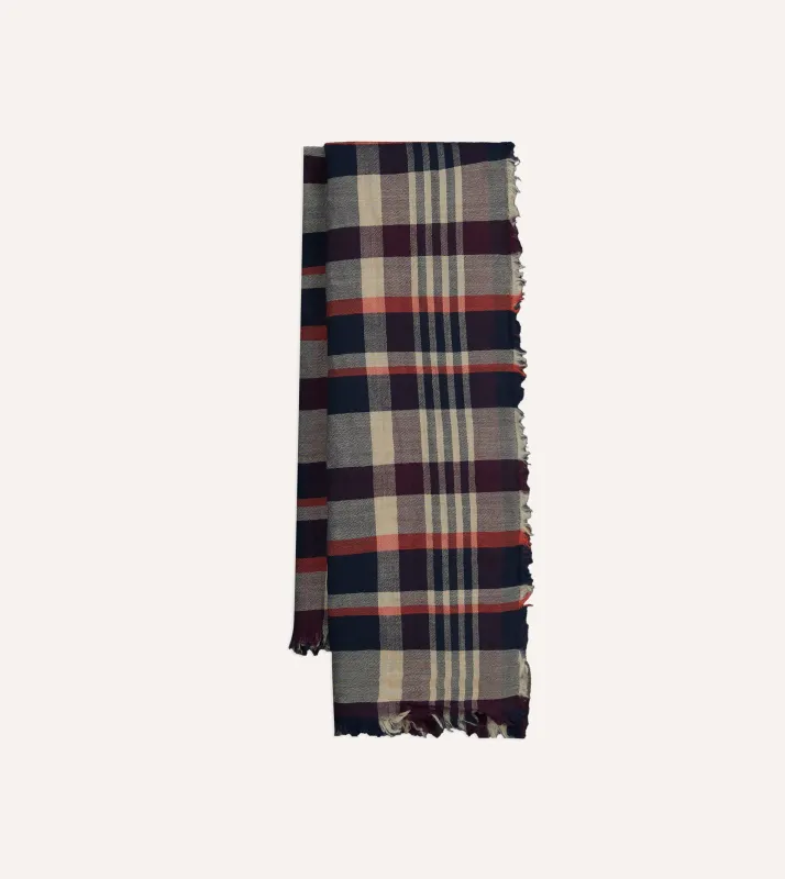 Navy, Red and Ecru Tartan Check Worsted Wool Scarf sold by Drake's London