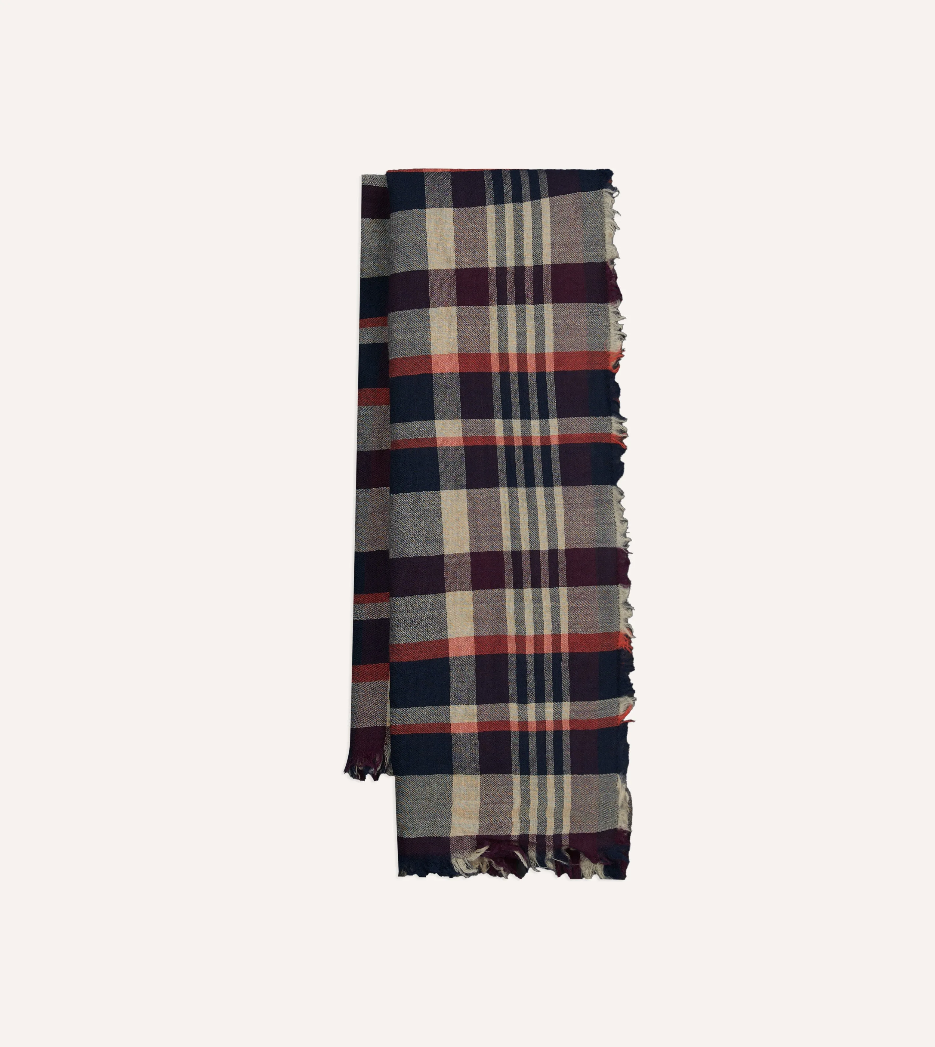 Navy, Red and Ecru Tartan Check Worsted Wool Scarf sold by Drake's London