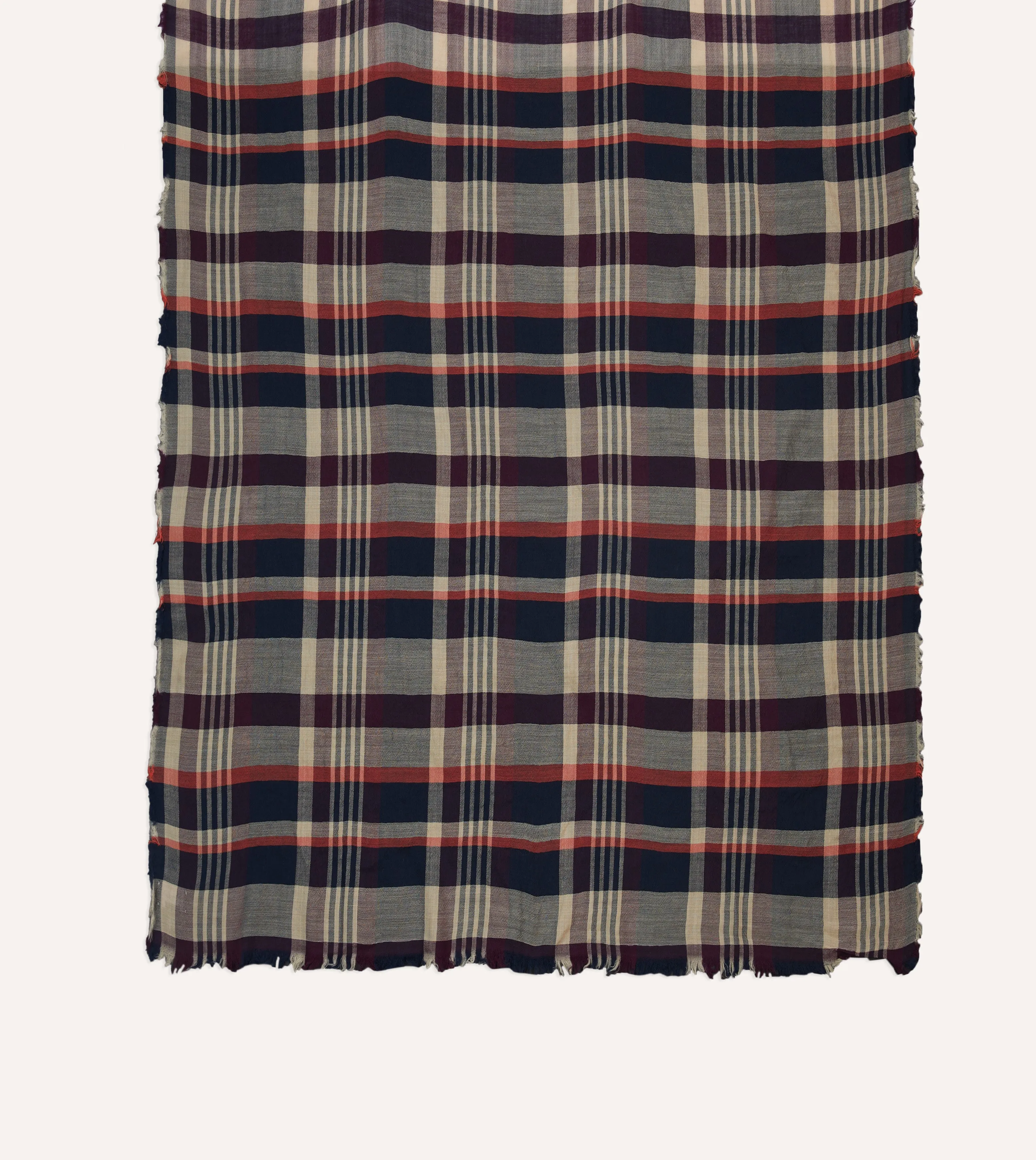 Navy, Red and Ecru Tartan Check Worsted Wool Scarf sold by Drake's London product image thumbnail 3
