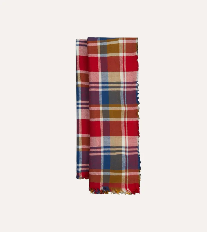 Red, Blue and Yellow Tartan Check Worsted Wool Scarf sold by Drake's London