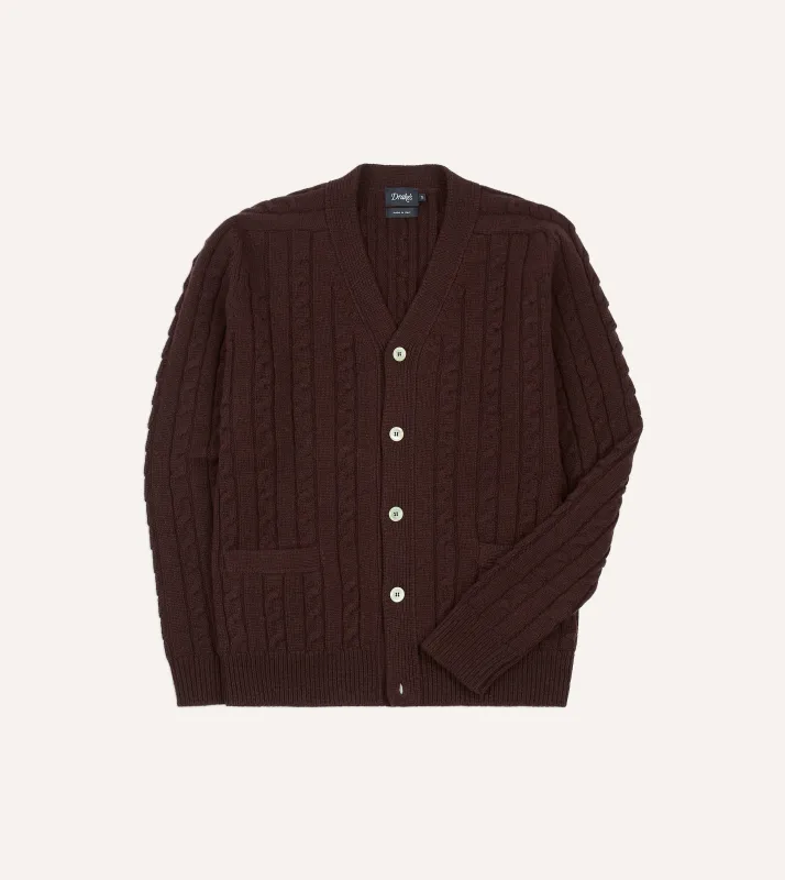 Brown Lambswool 6 Button Cable Knit Cardigan sold by Drake's London