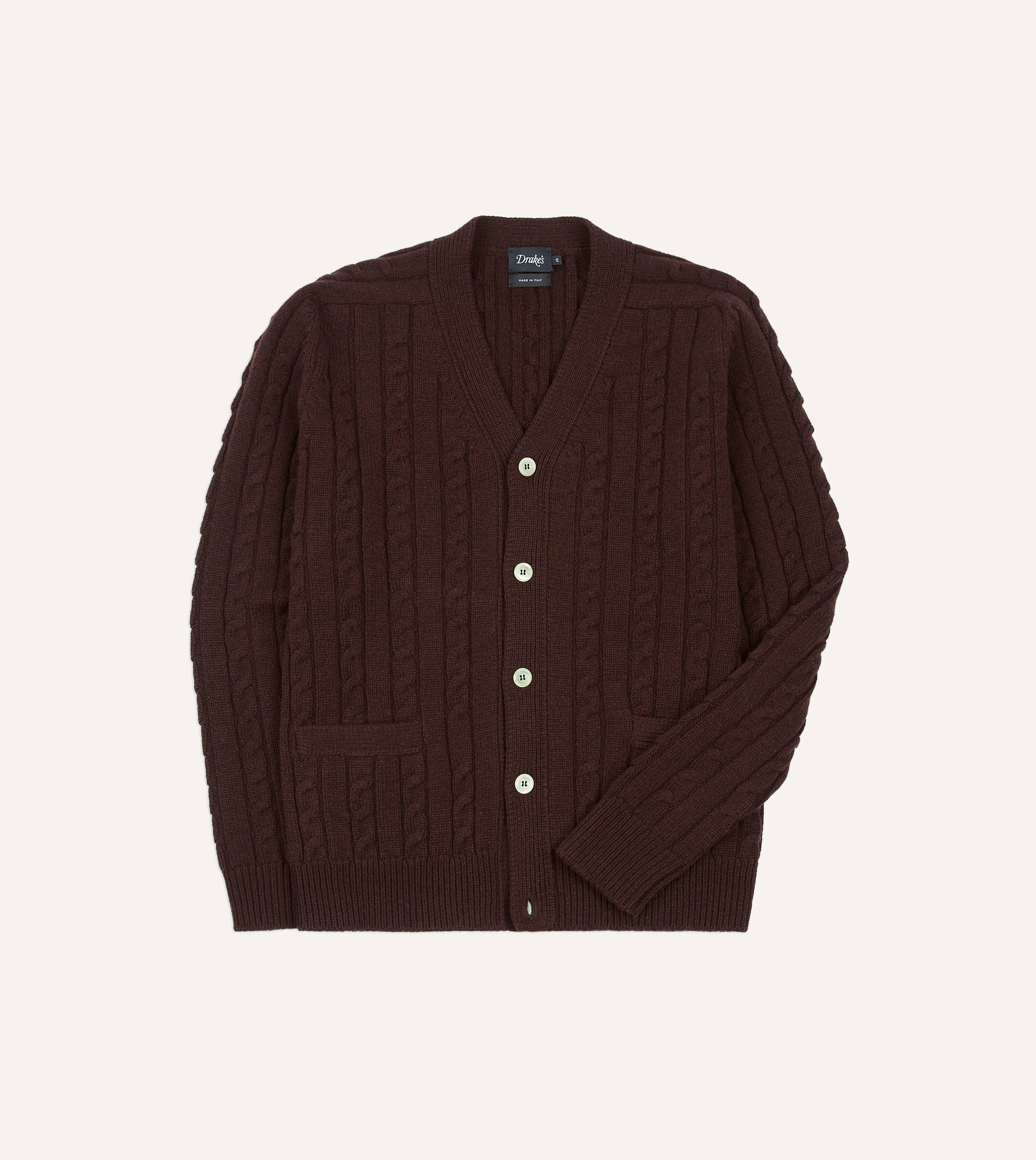 Brown Lambswool 6 Button Cable Knit Cardigan sold by Drake's London