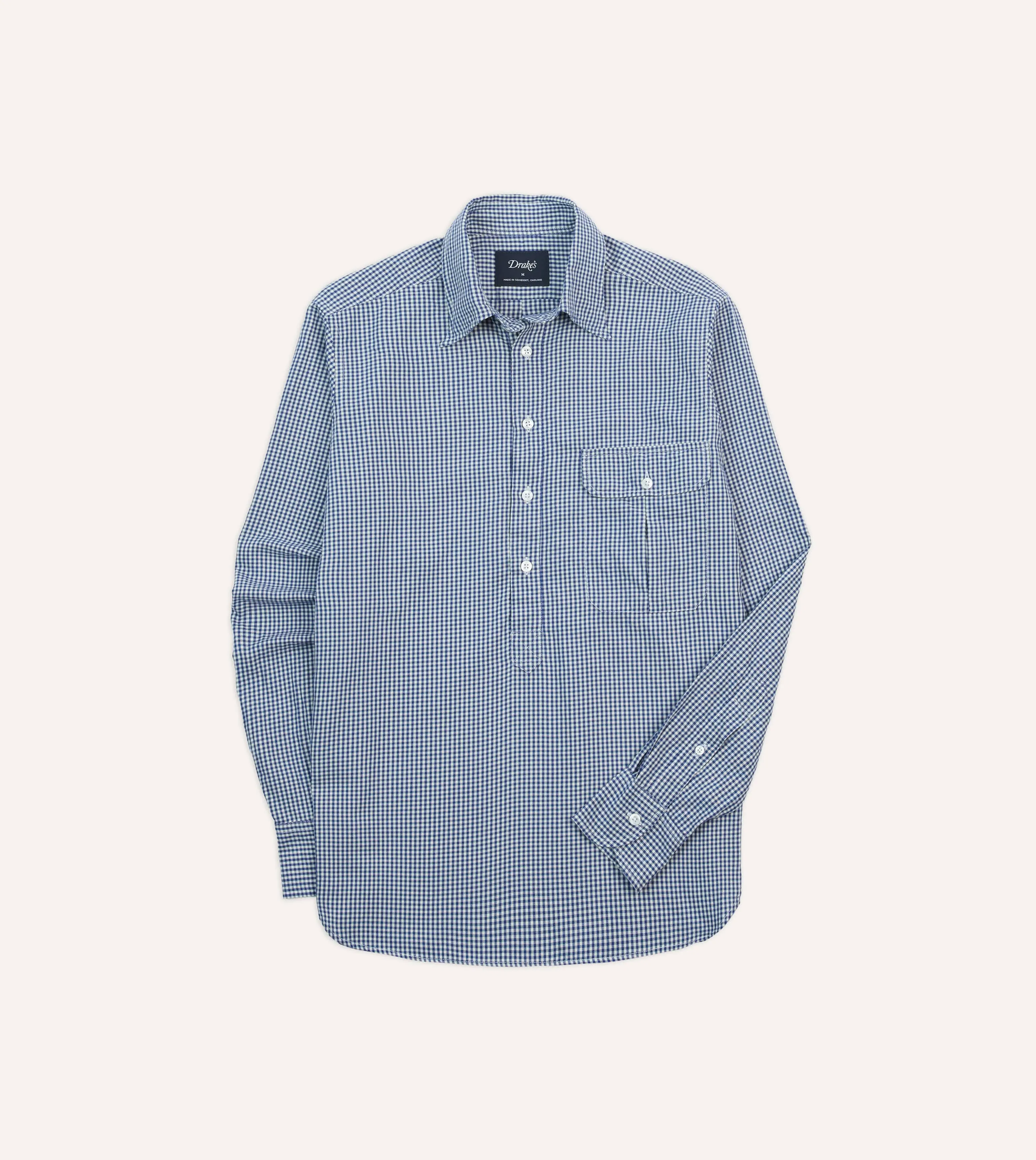 Blue Gingham Brushed Cotton Long Point Collar Popover Shirt sold by Drake's London