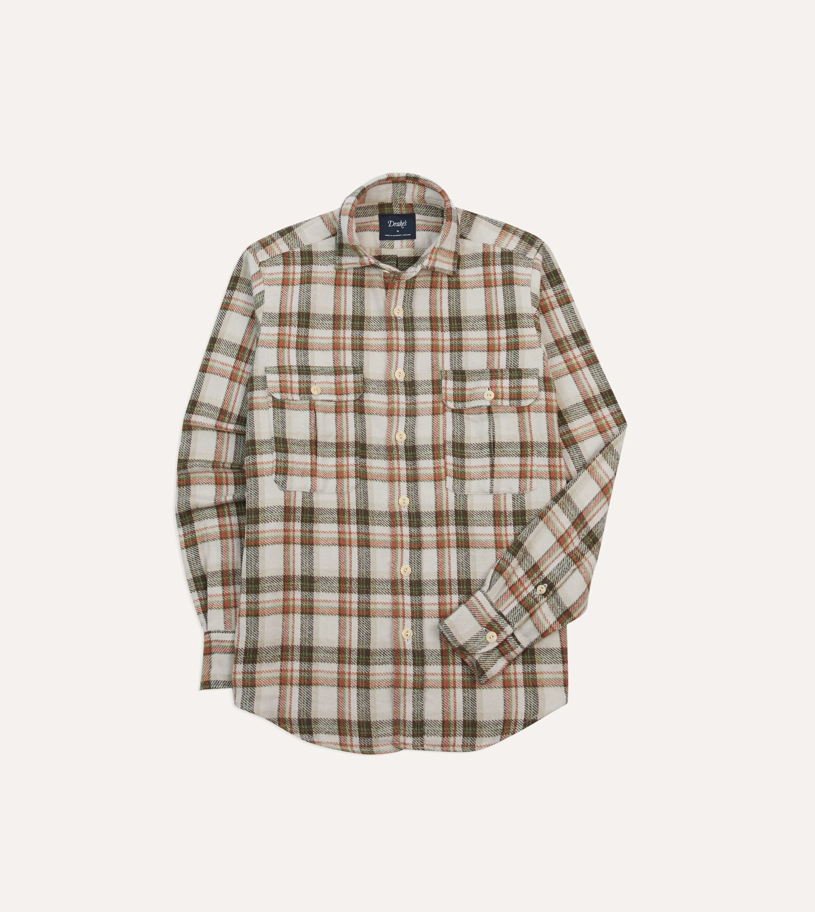 Ecru Check Cotton Two-Pocket Work Shirt sold by Drake's London