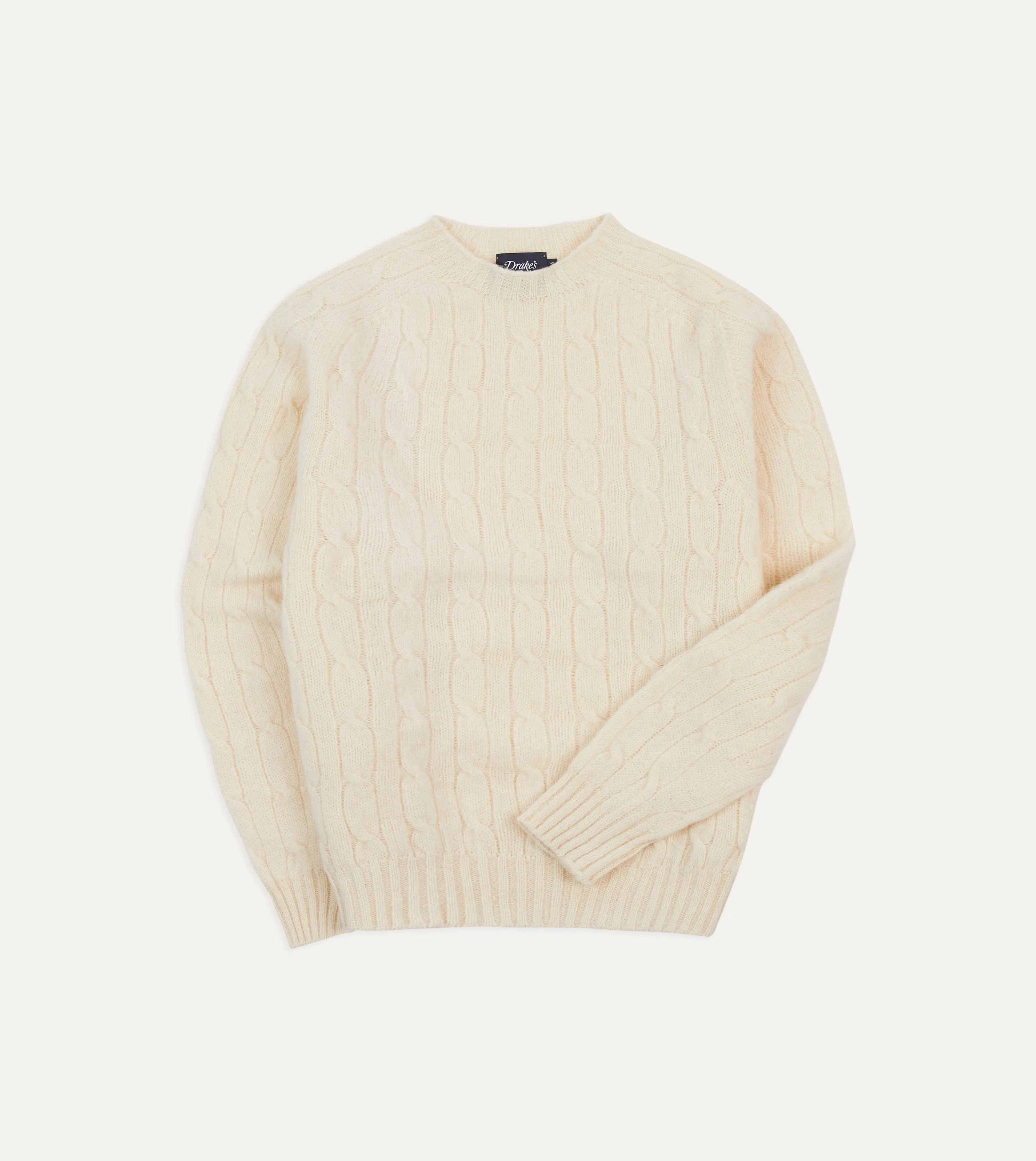 Ecru Brushed Shetland Cable Knit Crew Neck Jumper sold by Drake's London