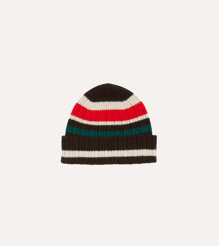 Brown, Ecru and Red Multi Stripe Geelongora Ribbed Knit Cap sold by Drake's London