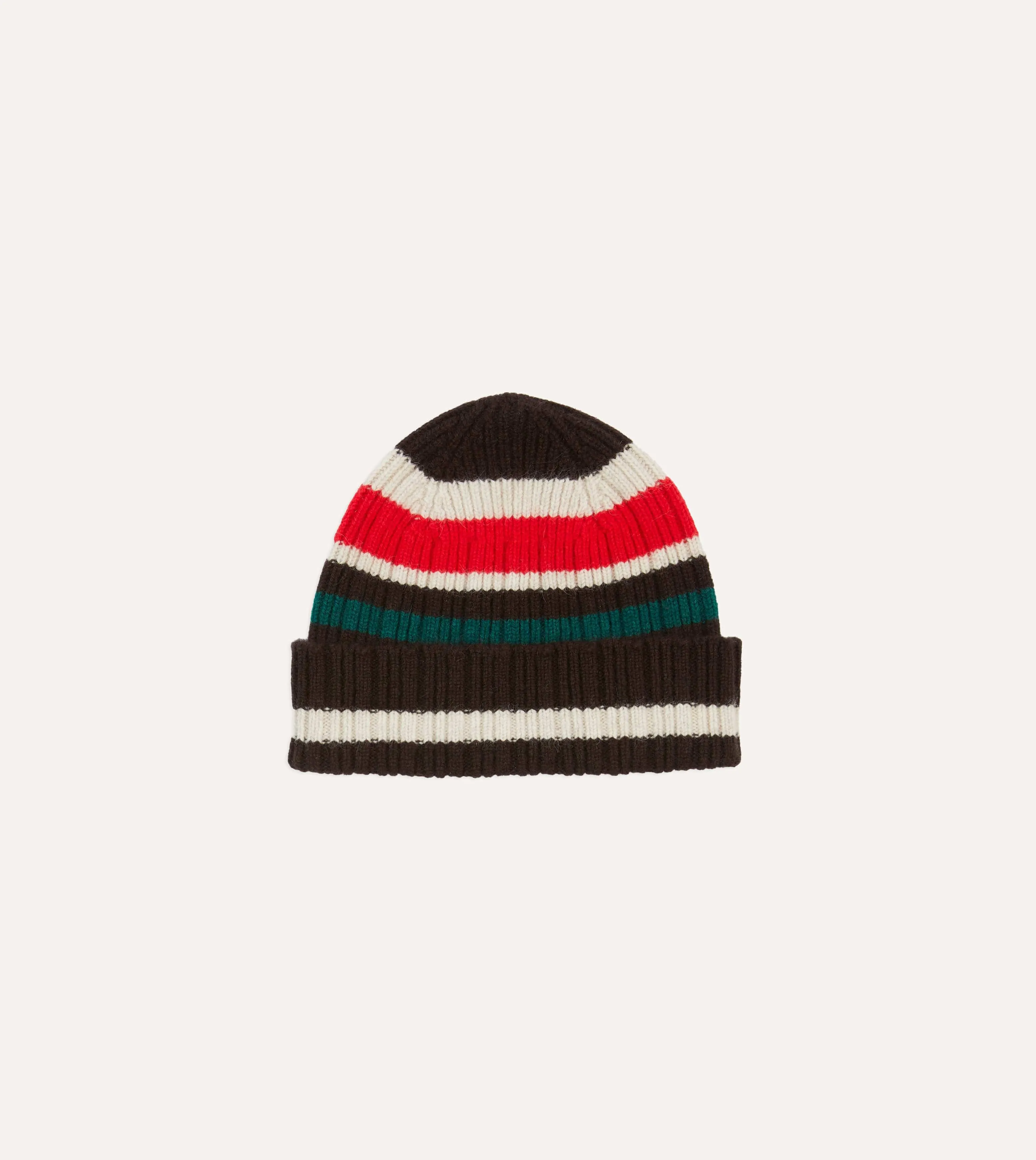 Brown, Ecru and Red Multi Stripe Geelongora Ribbed Knit Cap sold by Drake's London