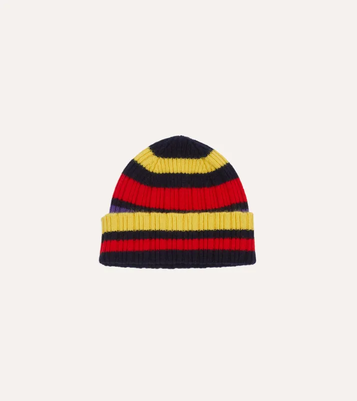 Navy, Yellow and Red Multi Stripe Geelongora Ribbed Knit Cap sold by Drake's London