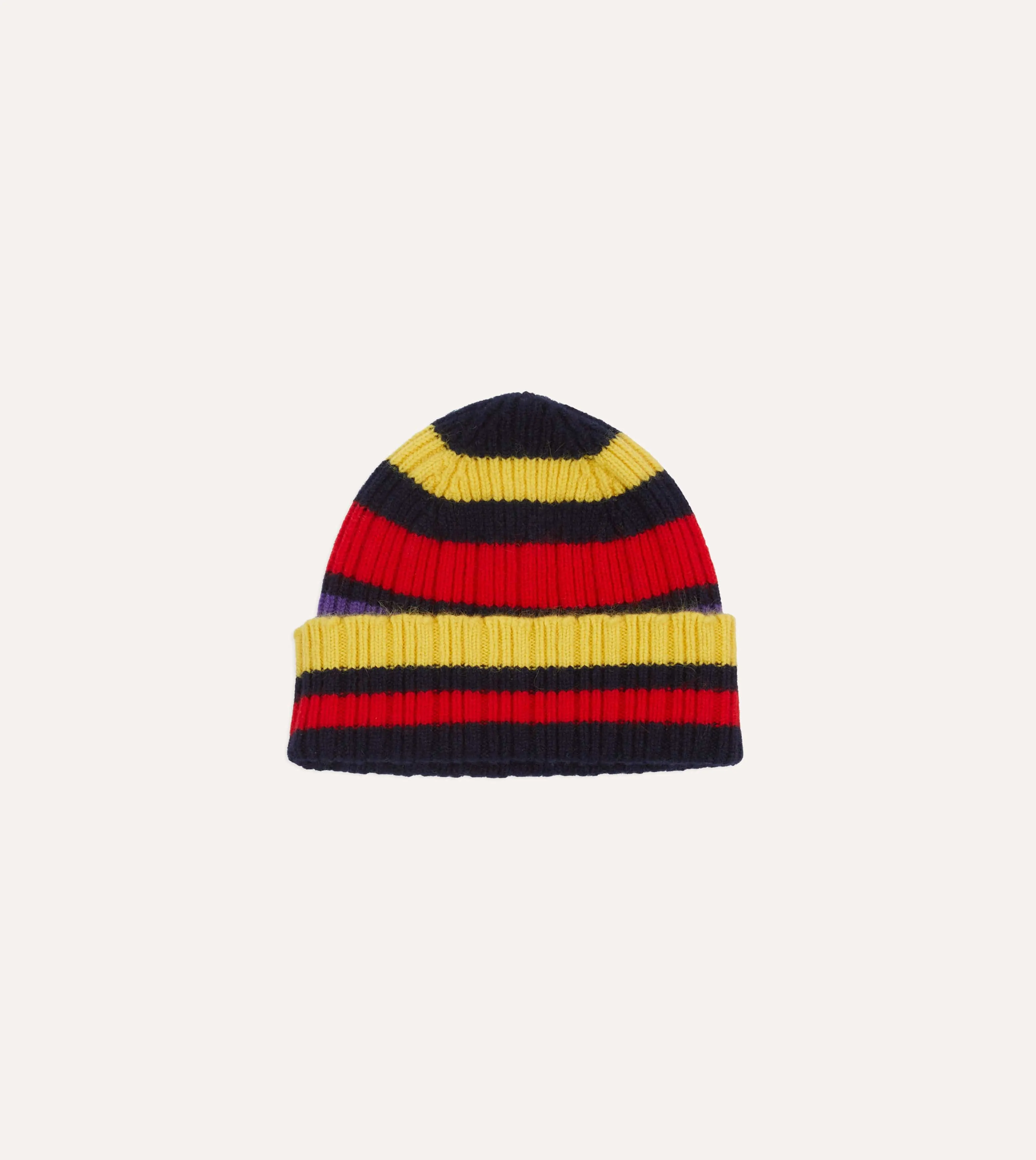Navy, Yellow and Red Multi Stripe Geelongora Ribbed Knit Cap sold by Drake's London