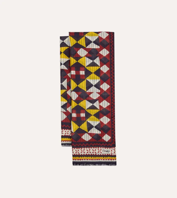 Red and Yellow Patchwork Print Wool-Silk Scarf sold by Drake's London
