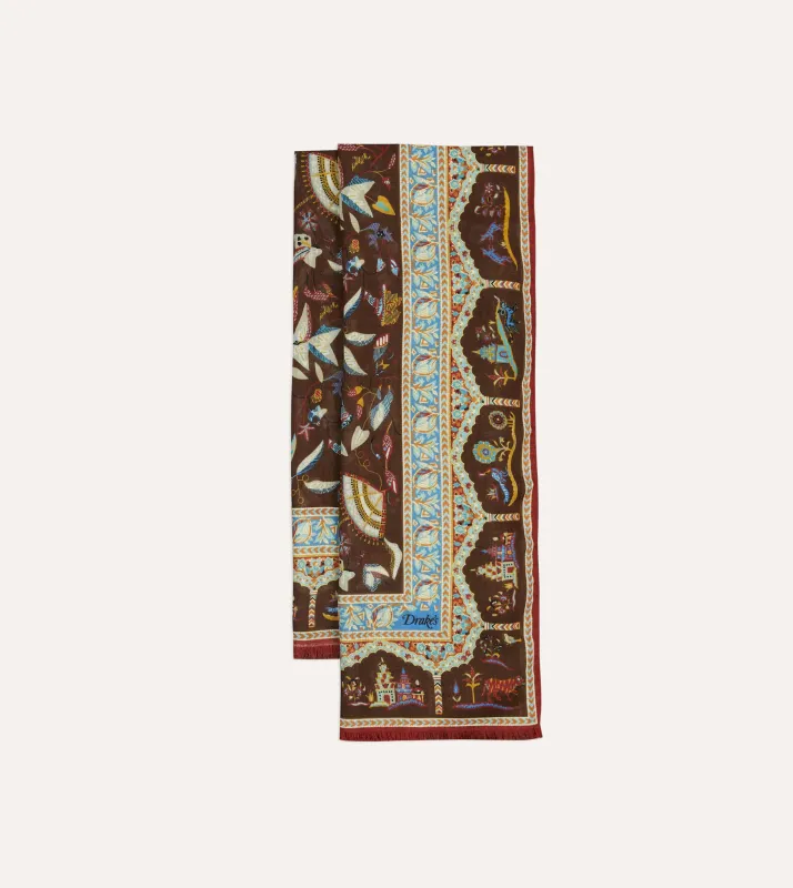 Brown Classic Mughal Print Wool Silk Scarf sold by Drake's London