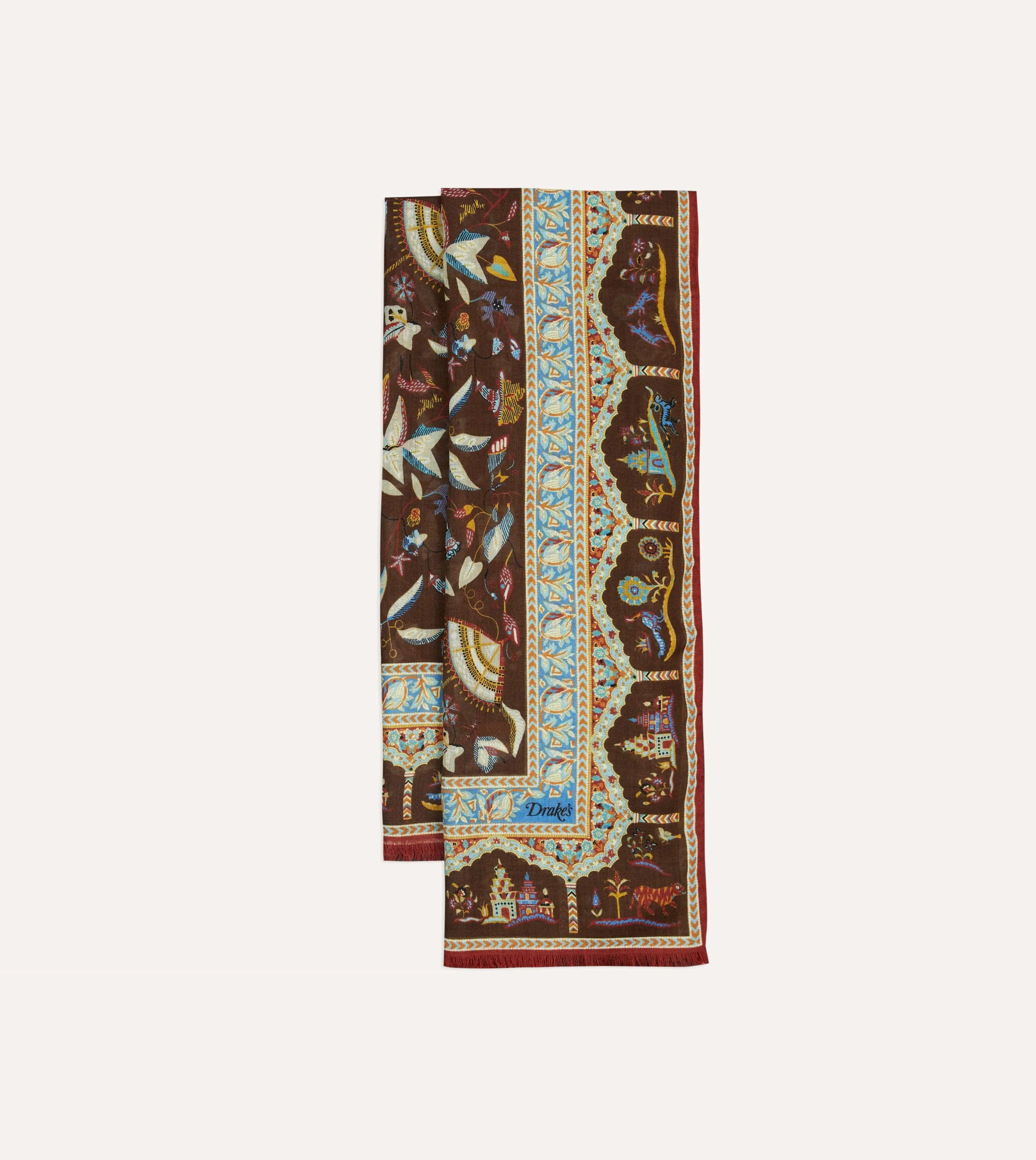 Brown Classic Mughal Print Wool Silk Scarf sold by Drake's London