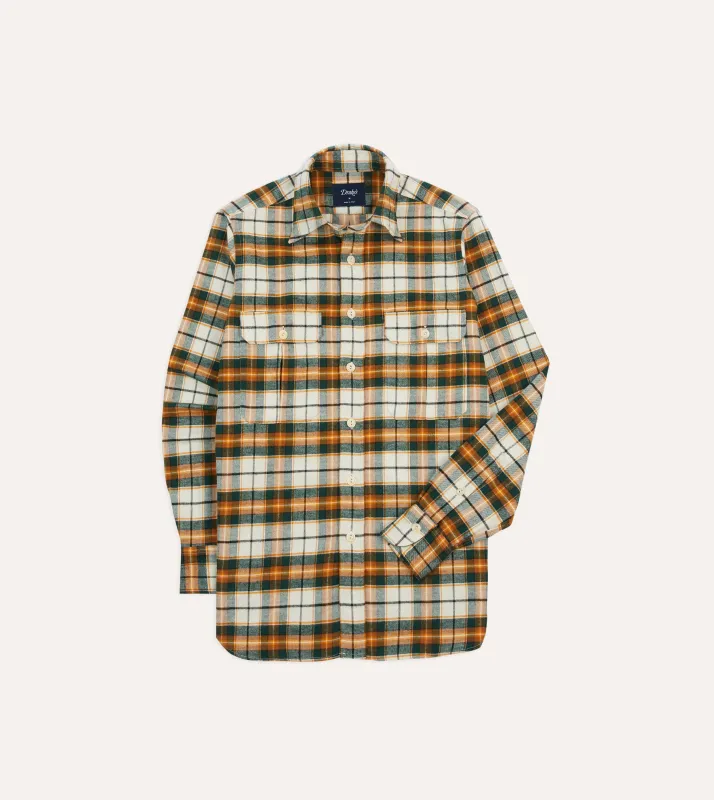 Ecru and Orange Check Cotton Two-Pocket Work Shirt sold by Drake's London
