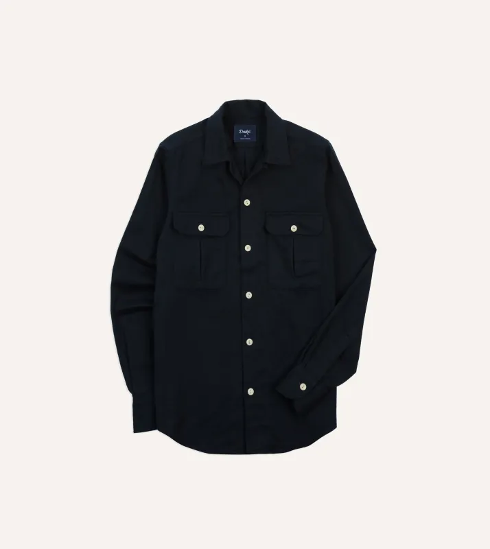 Navy Brushed Cotton Twill Two-Pocket Camp Collar Work Shirt sold by Drake's London