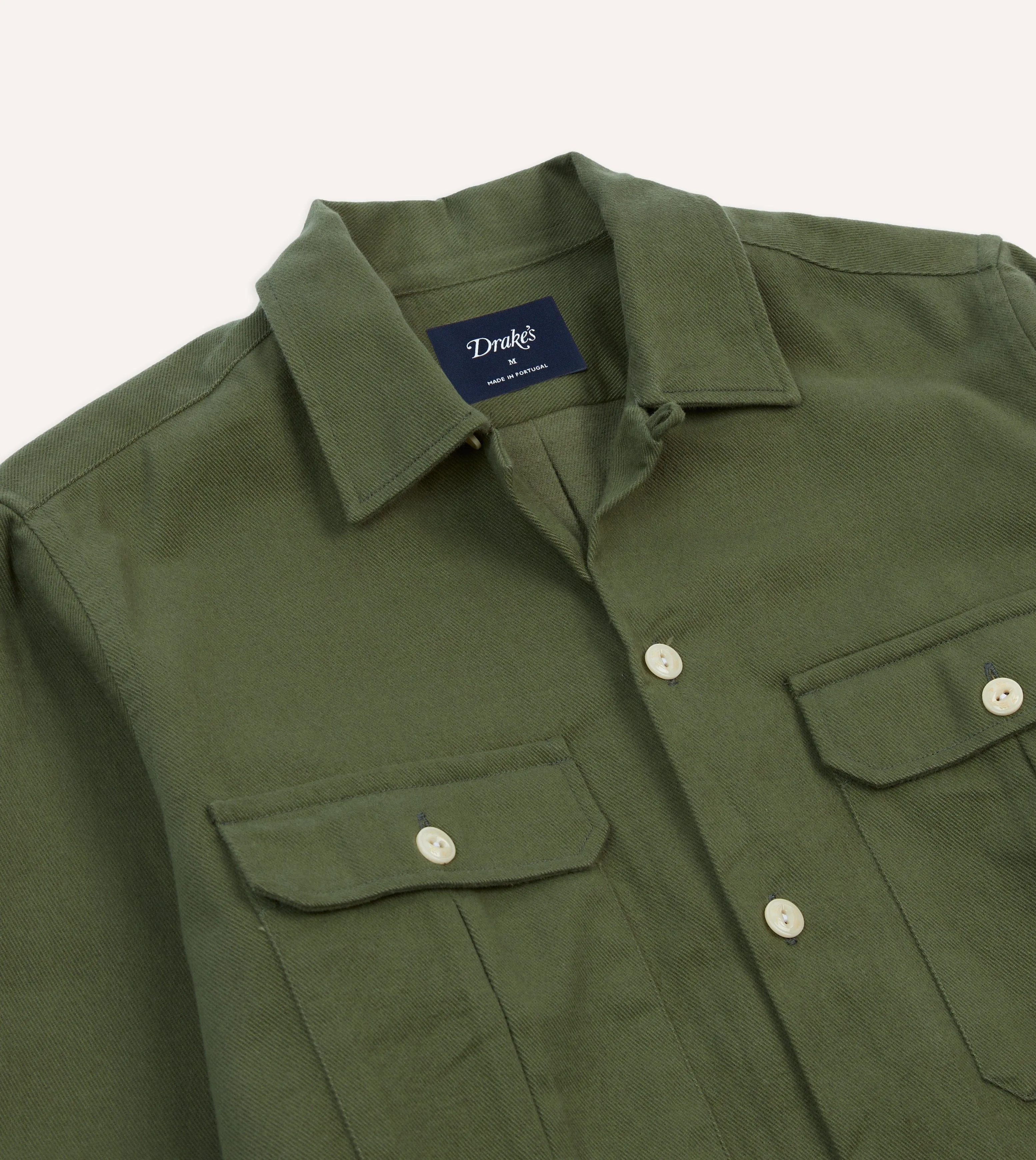 Olive Brushed Cotton Twill Two-Pocket Camp Collar Work Shirt sold by Drake's London product image thumbnail 3