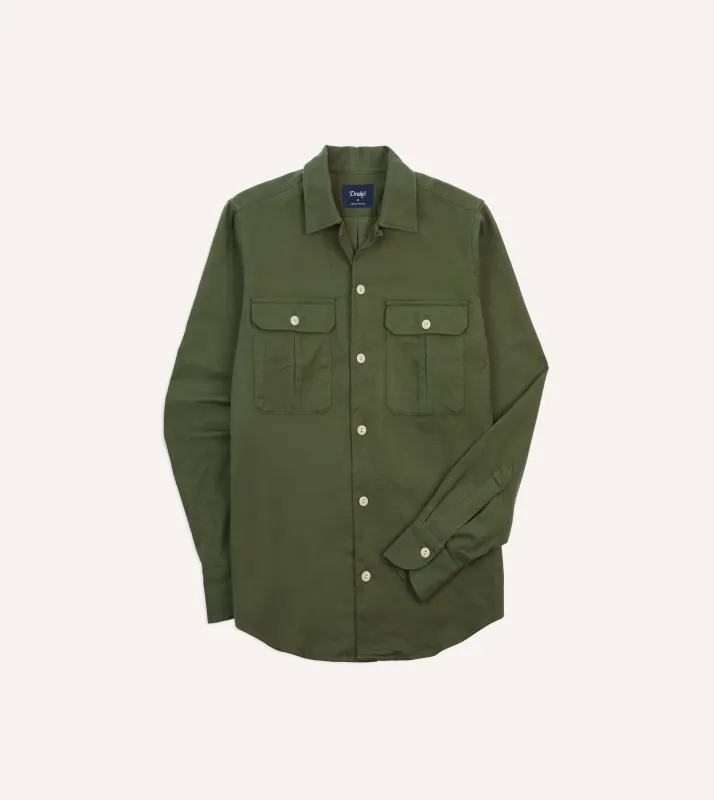 Olive Brushed Cotton Twill Two-Pocket Camp Collar Work Shirt sold by Drake's London