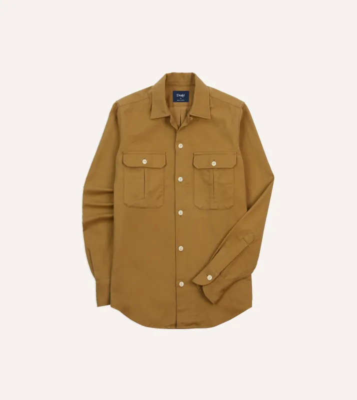 Sand Brushed Cotton Twill Two-Pocket Camp Collar Work Shirt made by Drake's London