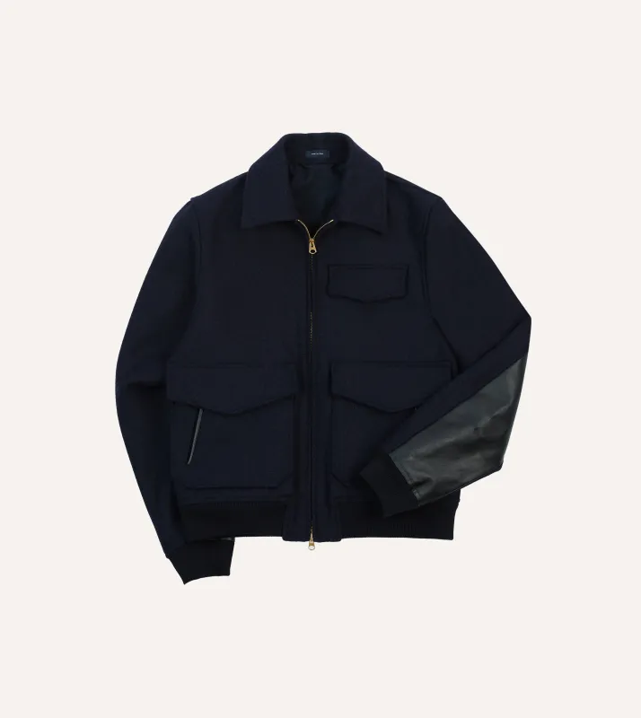 Navy Wool and Leather A-2 Bomber Jacket sold by Drake's London