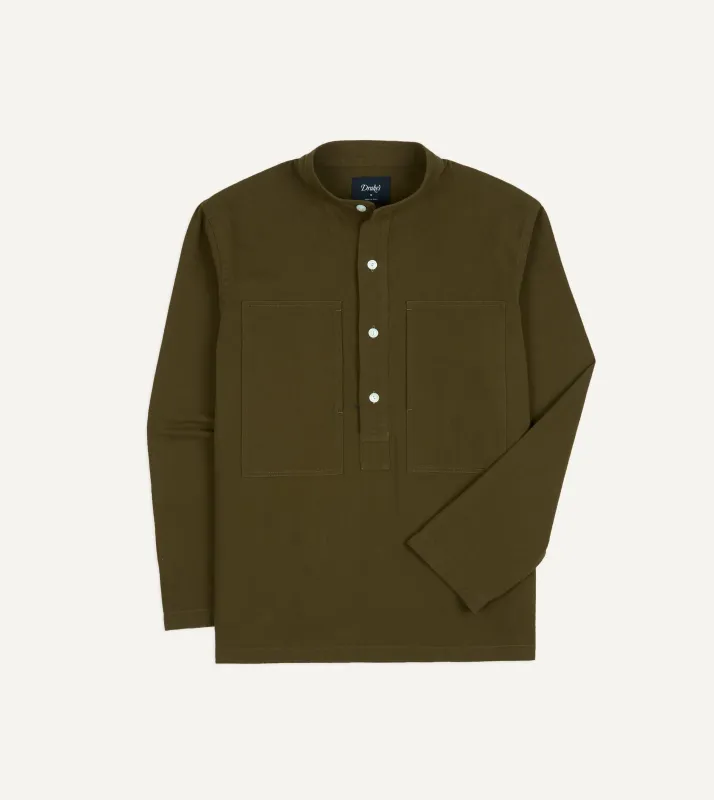 Khaki Cotton Mandarin Collar Popover Shirt sold by Drake's London