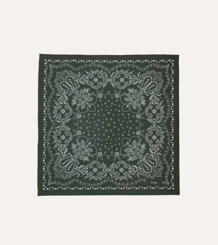 Dark Green Trad Paisley Print Cotton Bandana sold by Drake's London