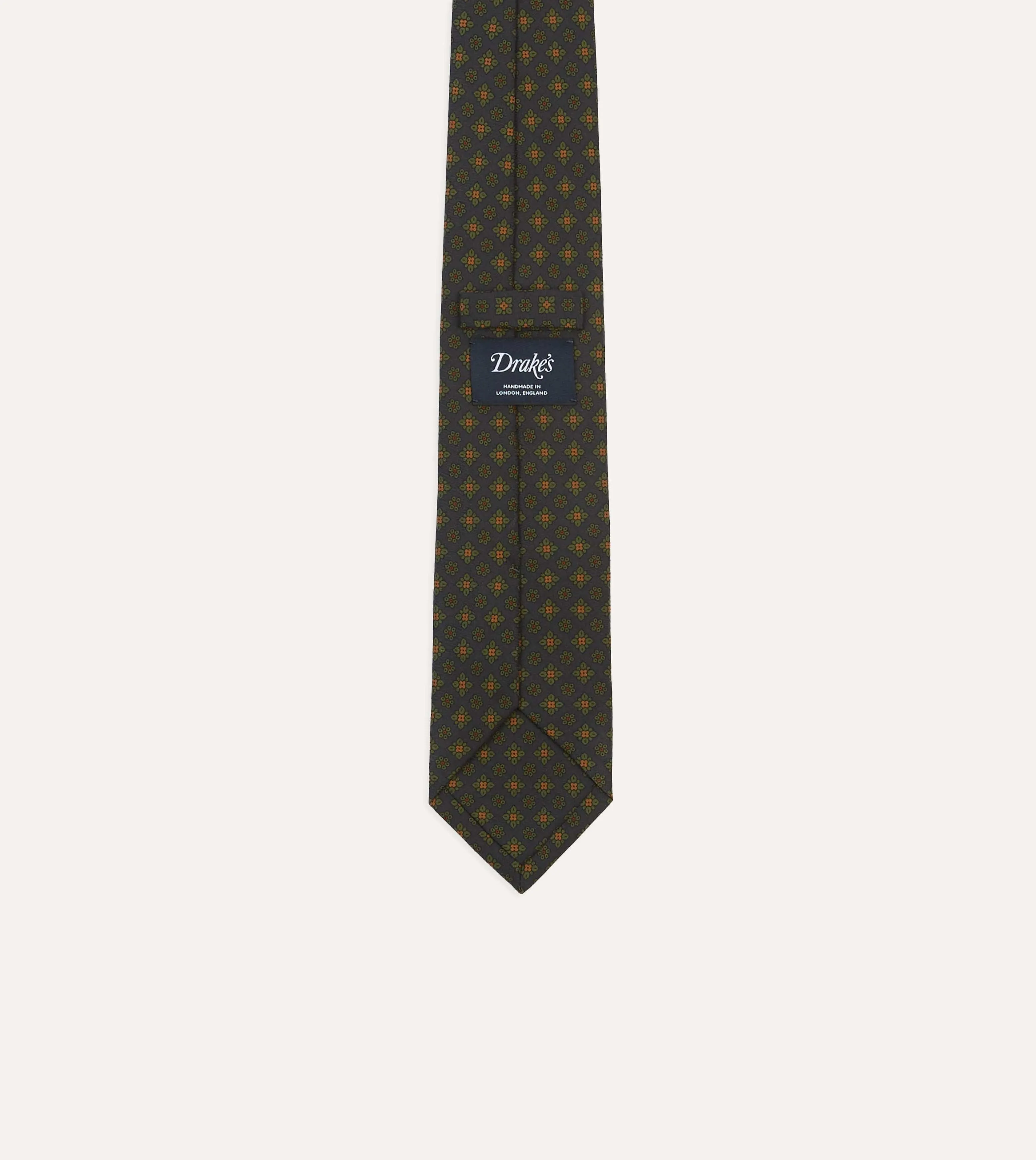 Navy Square Floral Medallion Print Wool-Silk Self Tipped Tie sold by Drake's London product image thumbnail 4