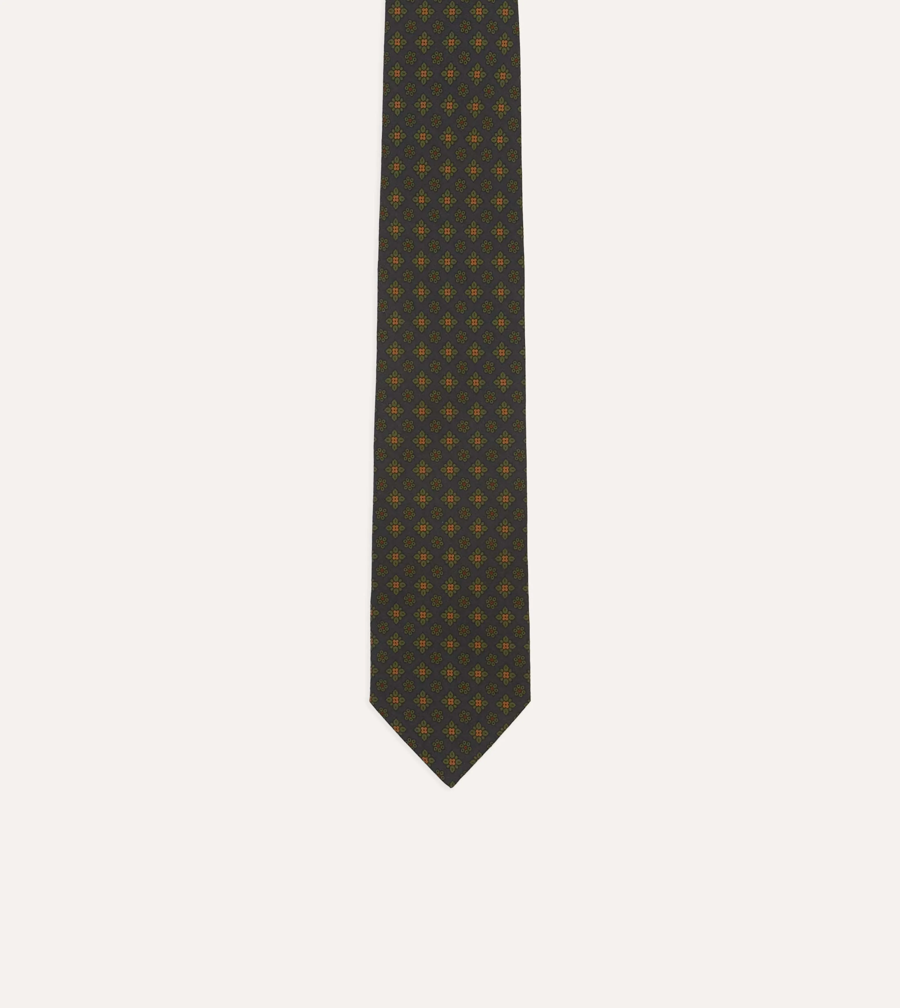 Navy Square Floral Medallion Print Wool-Silk Self Tipped Tie sold by Drake's London product image thumbnail 3