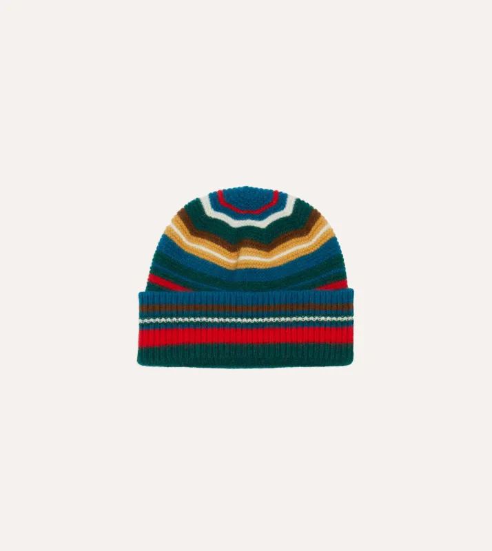 Green and Blue Multi Stripe Geelongora Purl Stitch Knit Cap sold by Drake's London
