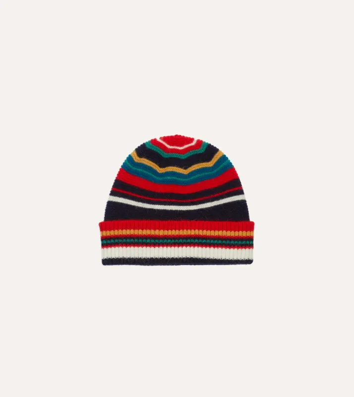 Red and Blue Multi Stripe Geelongora Purl Stitch Knit Cap sold by Drake's London