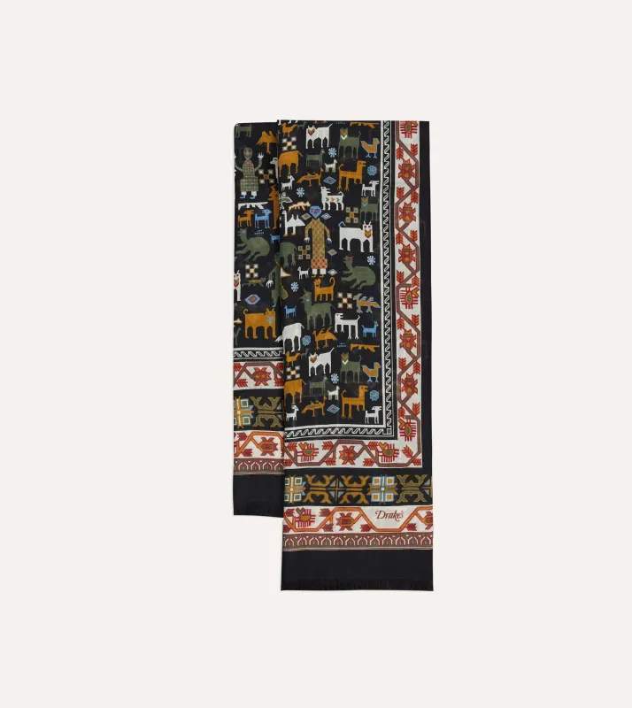 Black Shaman Print Tubular Wool-Silk Scarf sold by Drake's London