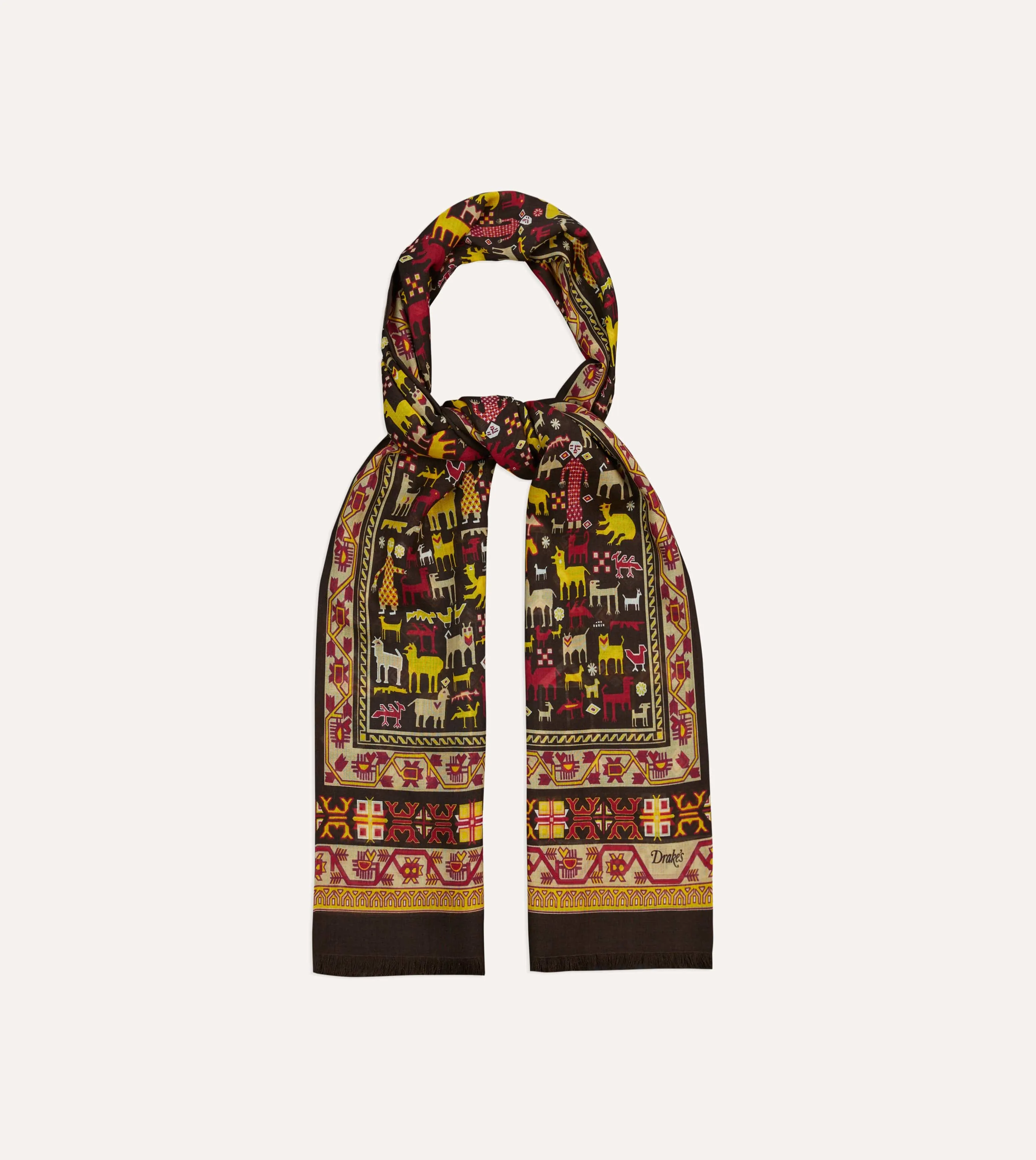 Brown Shaman Print Tubular Wool-Silk Scarf sold by Drake's London product image thumbnail 3