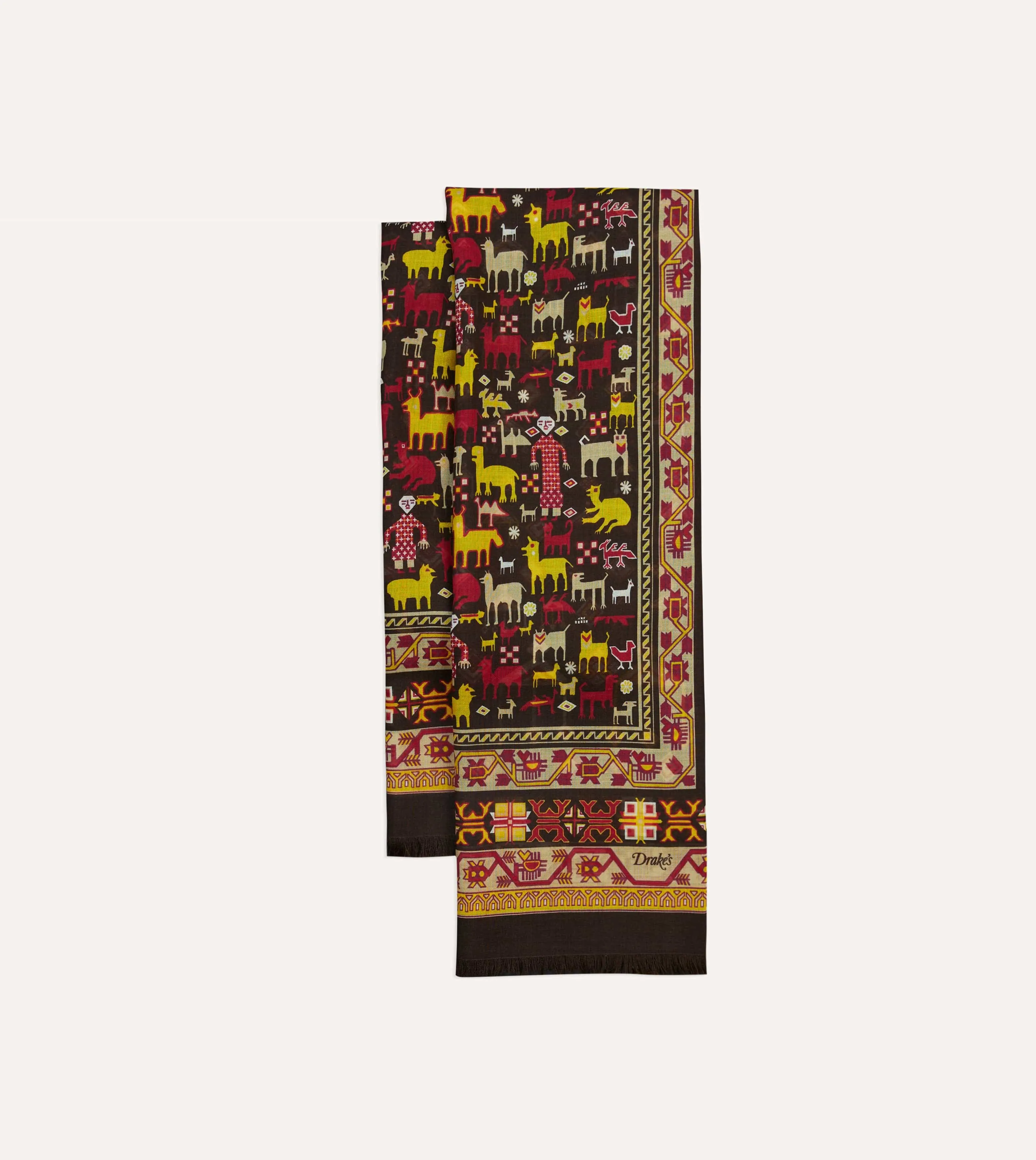 Brown Shaman Print Tubular Wool-Silk Scarf sold by Drake's London