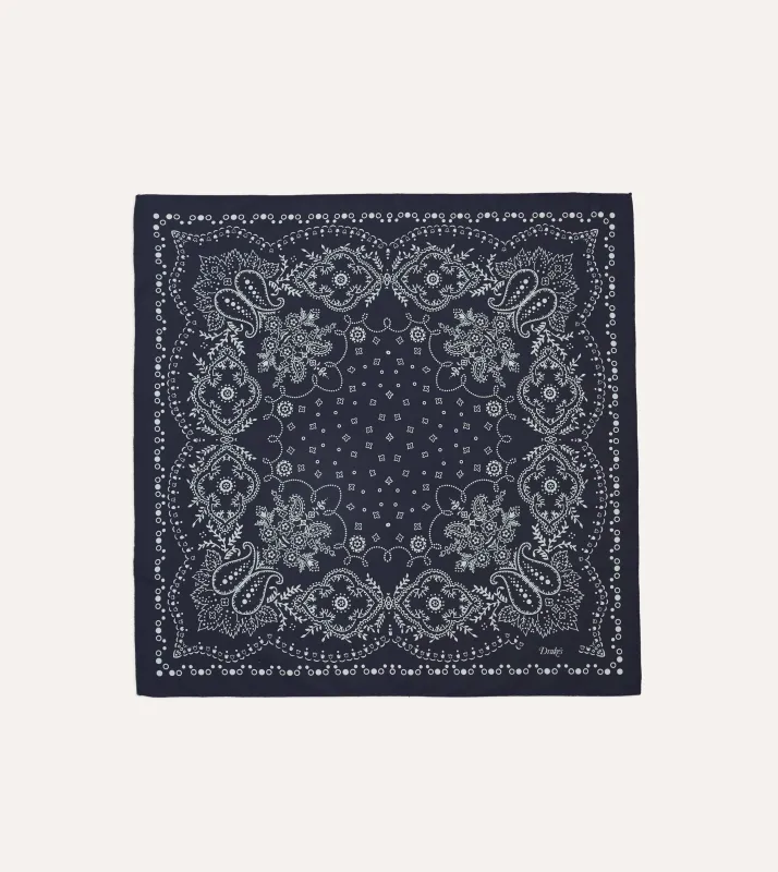 Navy Trad Paisley Print Cotton Bandana sold by Drake's London