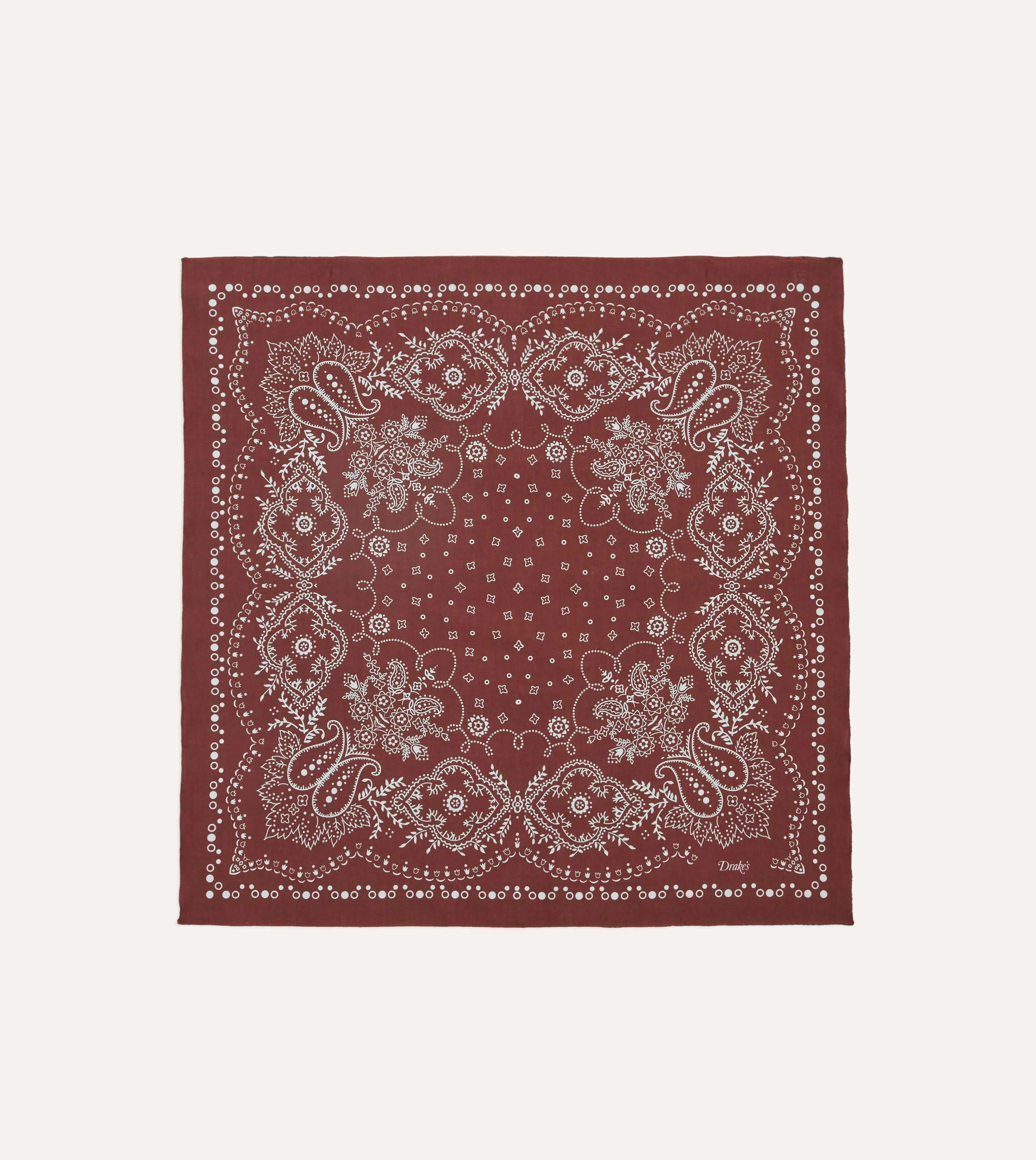 Burgundy Trad Paisley Print Cotton Bandana sold by Drake's London
