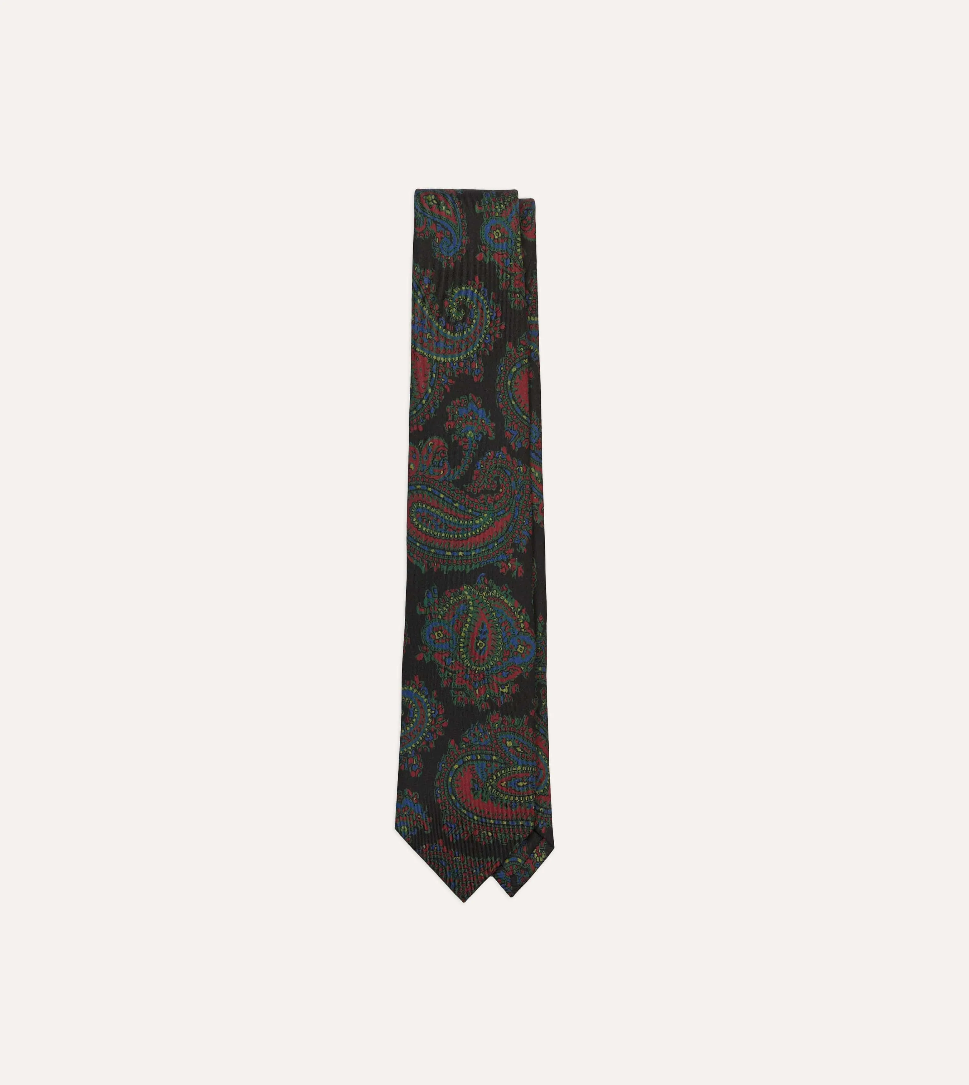 Black Big Paisley Print Madder Silk Self-Tipped Tie sold by Drake's London