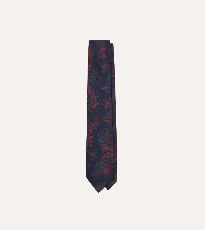 Navy Big Paisley Print Madder Silk Self-Tipped Tie sold by Drake's London