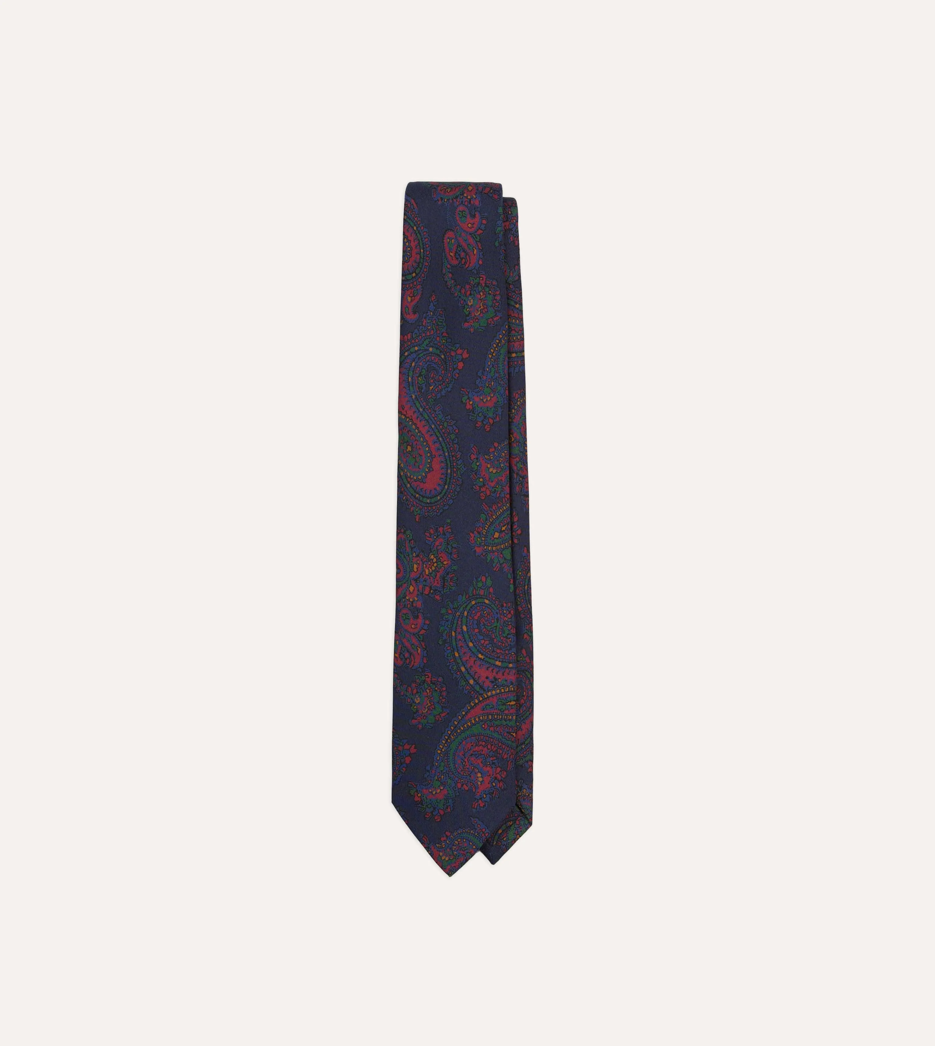 Navy Big Paisley Print Madder Silk Self-Tipped Tie sold by Drake's London