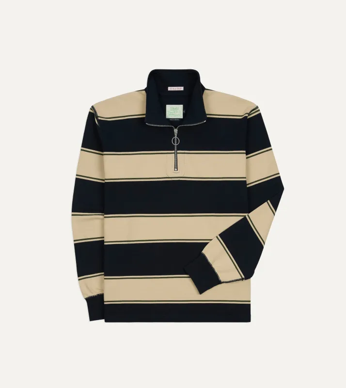 Drake's by A. Levine Navy Stripe Cotton Quarter Zip Rugby Shirt sold by Drake's London