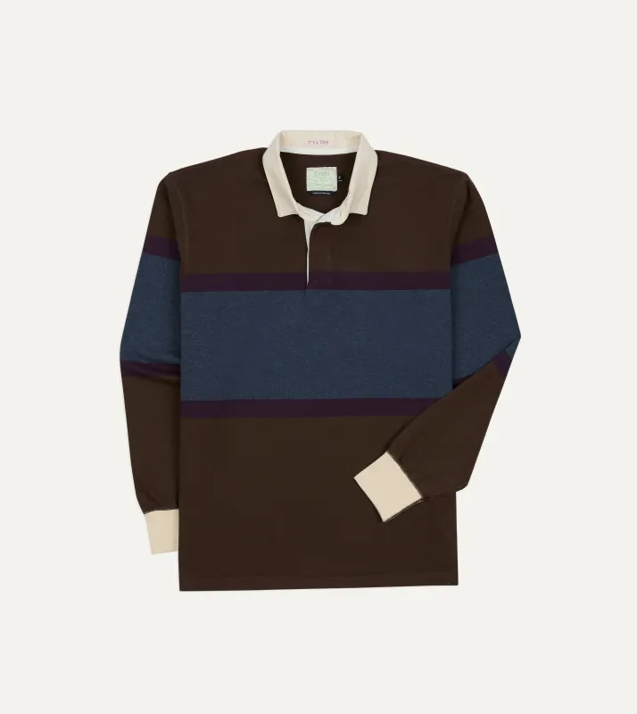 Drake's by A. Levine Brown and Blue Centre Stripe Cotton Rugby Shirt sold by Drake's London