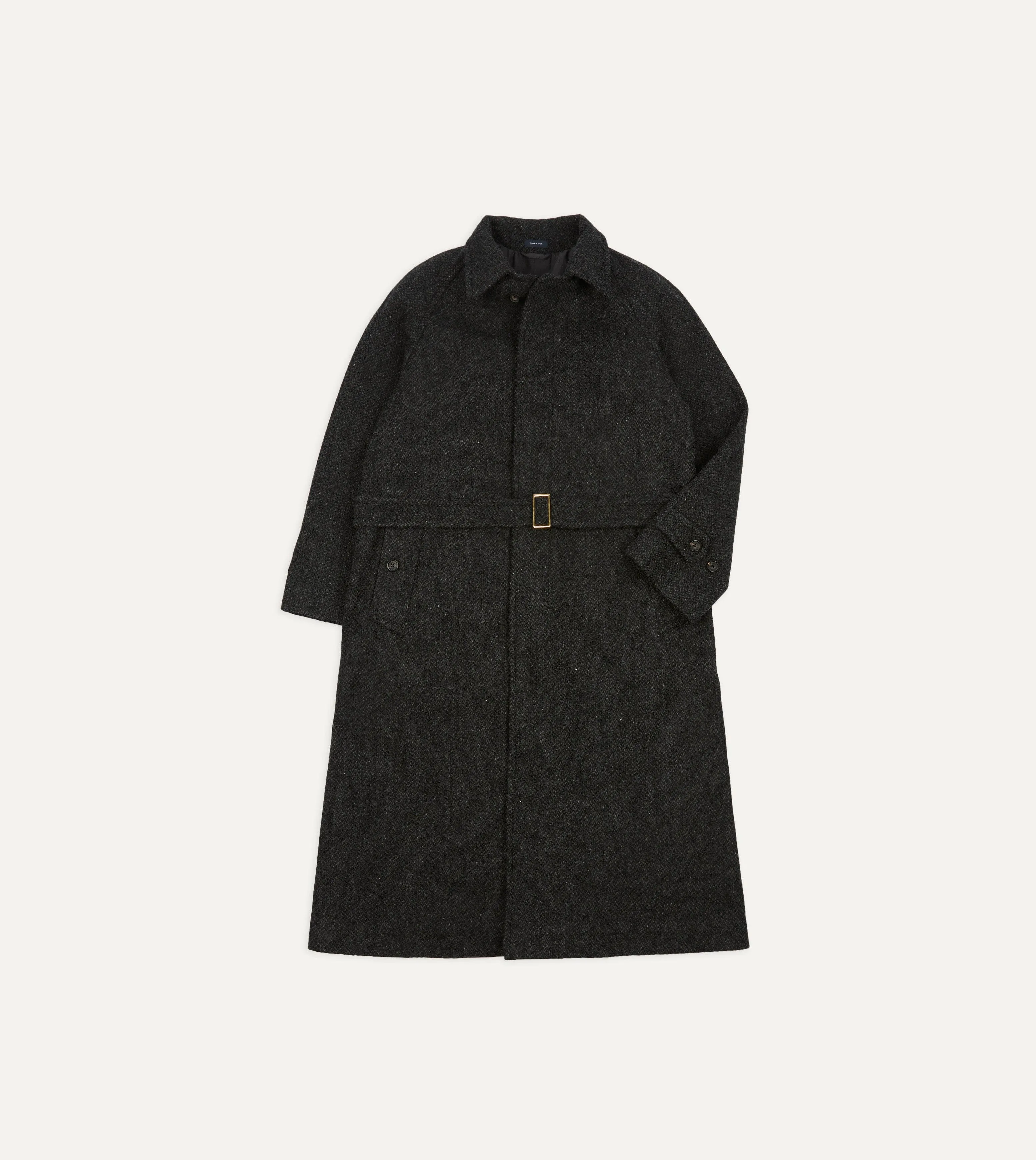 Drake's by A. Levine Black Wool Raglan Overcoat sold by Drake's London