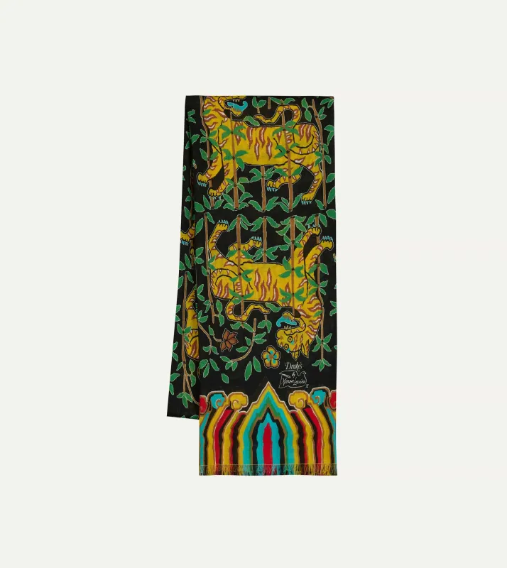Drake's by A. Levine Black Tigers Print Tubular Wool Silk Scarf sold by Drake's London