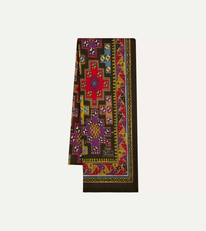 Drake's by A. Levine Black Geometric Print Tubular Wool Silk Scarf sold by Drake's London