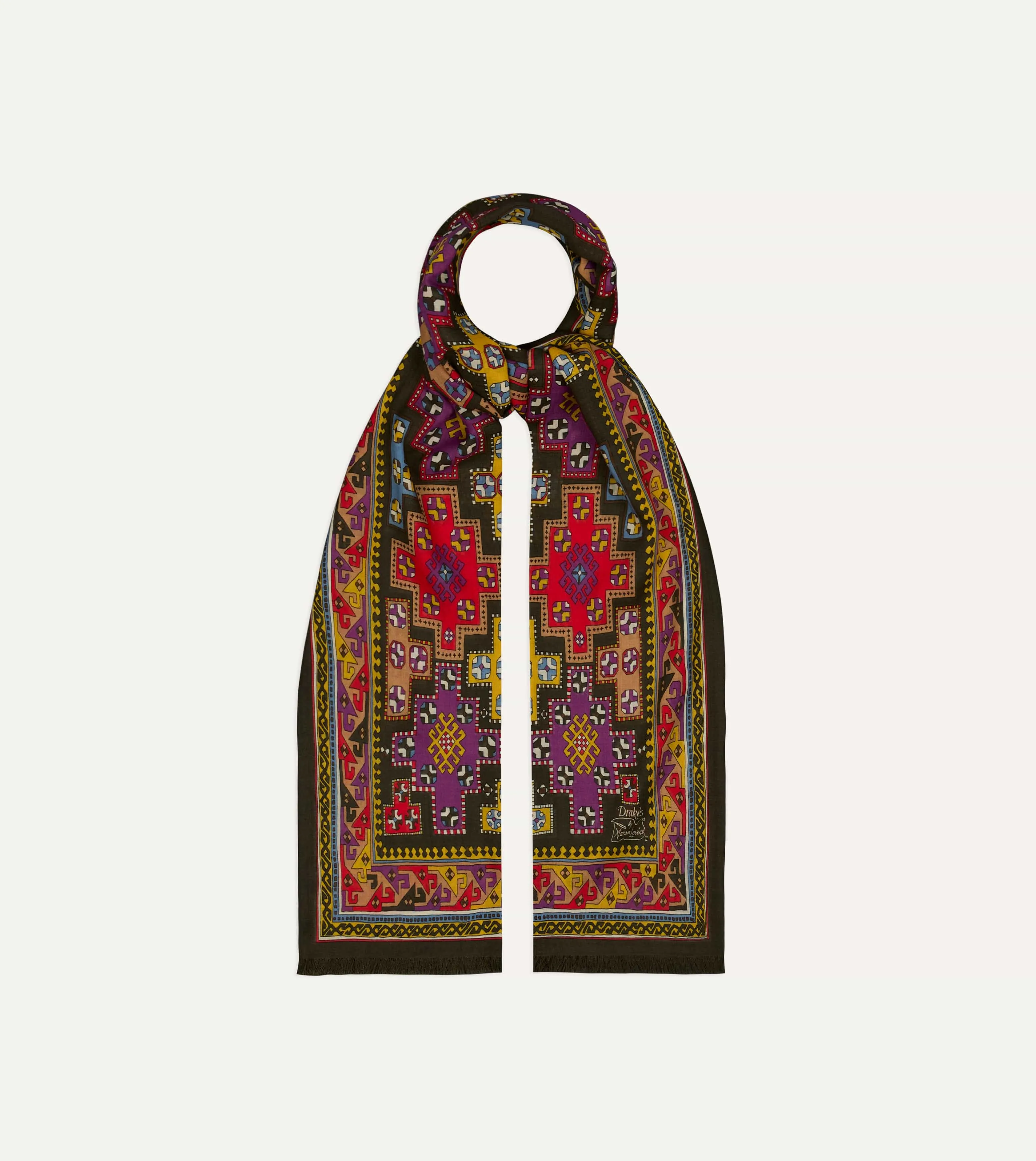 Drake's by A. Levine Black Geometric Print Tubular Wool Silk Scarf sold by Drake's London product image thumbnail 4