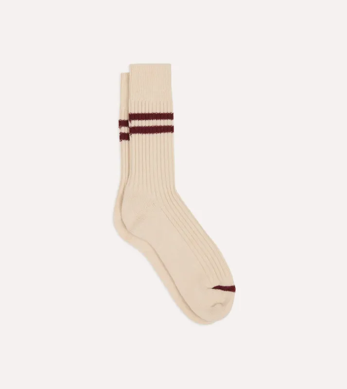 RoToTo Ecru and Red Merino Lambswool Stripe Socks sold by Drake's London